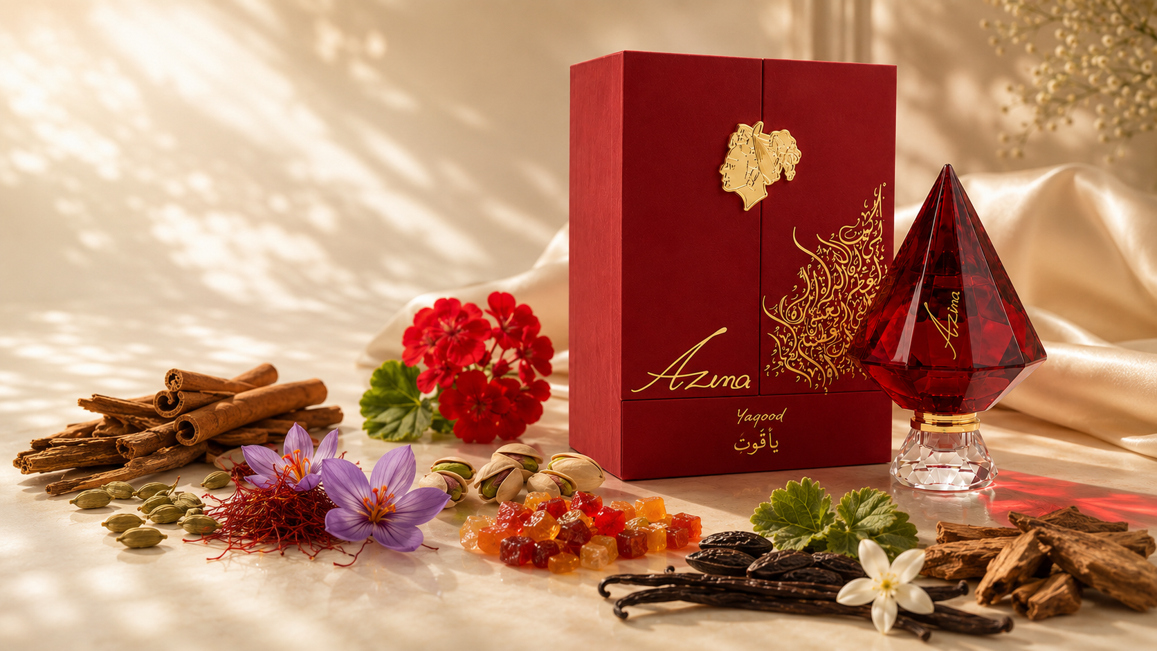 مكوّنات عطر ياقوت من AZIMA: القرفة، الهيل، الزعفران، الفستق، خشب الأرز والفانيليا