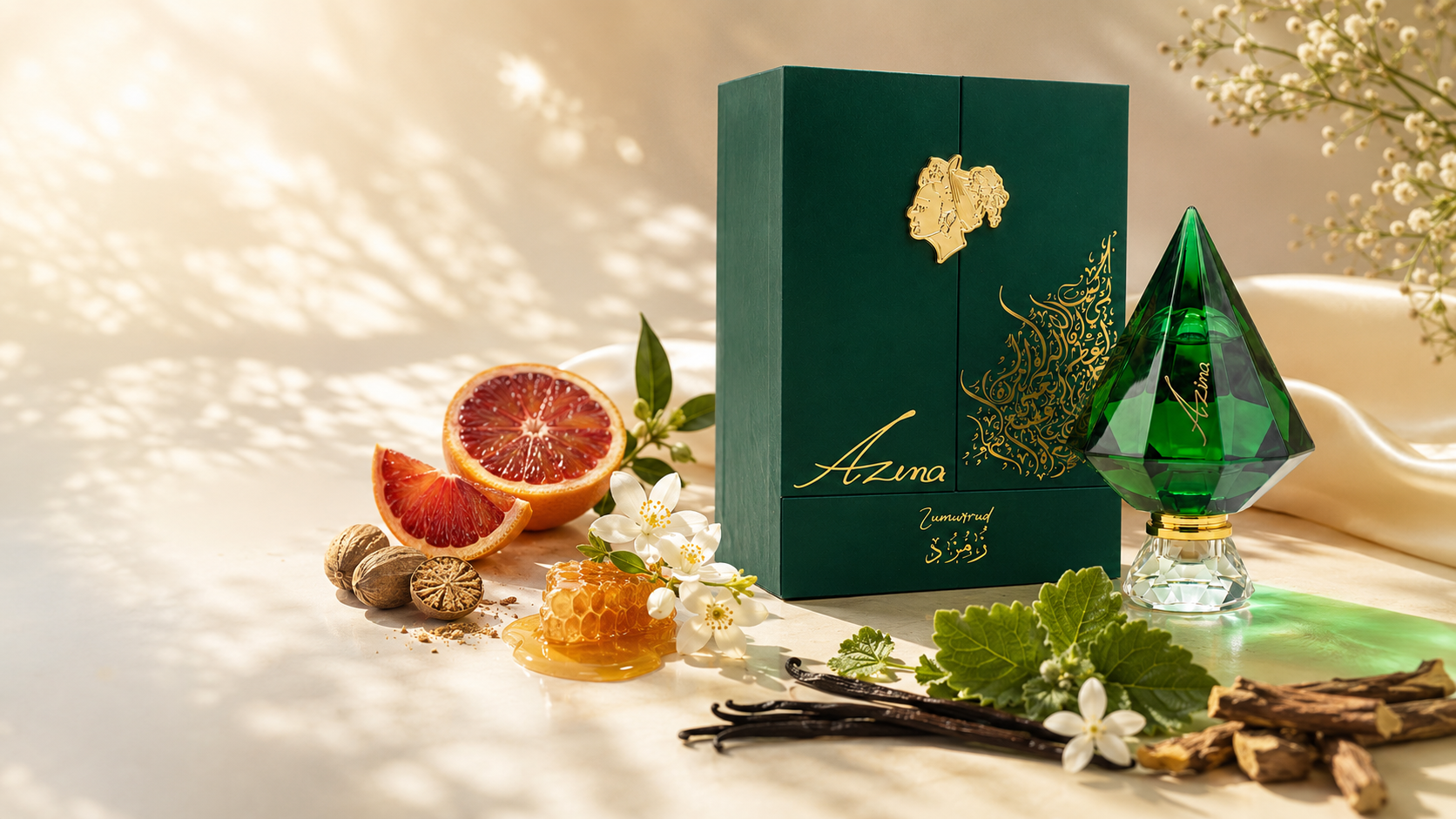 عطر زمرد من AZIMA محاط بمكوناته العطرية